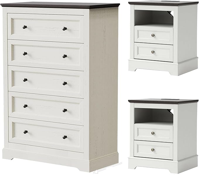KIGOTY Farmhouse Bedroom Set, 3 Pcs Dresser and Nightstand Sets, 5 Drawer Dresser & 2 Drawer Nightstand Set with Charging Station,Rustic Wood Bedroom Furniture Set for Home,White