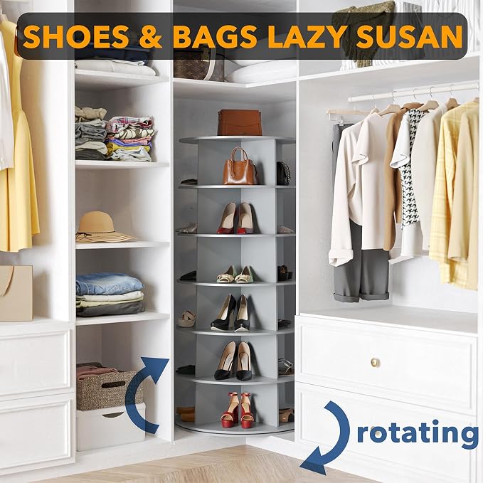 SpaceAid 6 Tier Rotating Shoe Rack Tower, Spinning Shoe Display Lazy Susan, Revolving 360 Shoe Rack Storage Round Carousel, Vertical Handbag Rotate Shoes Closet Organization (6-Tier Gray) - Image 4