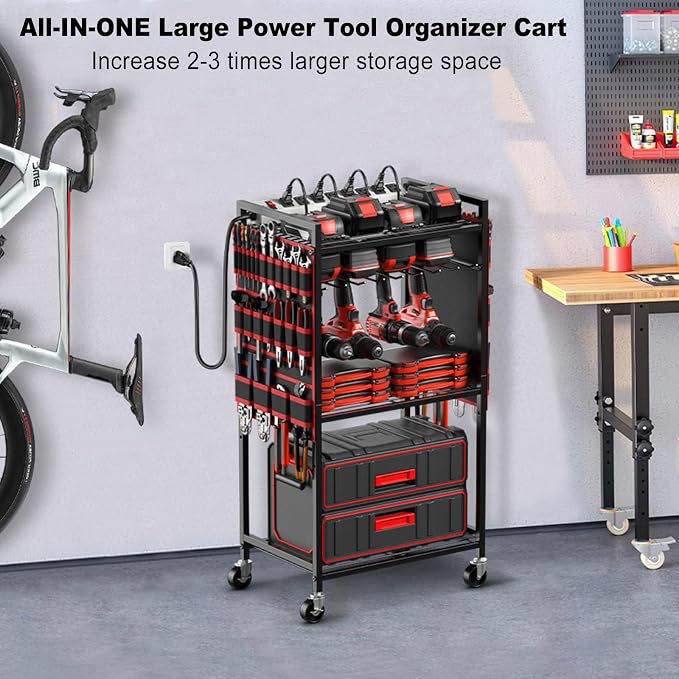 JUNNUJ Large Power Tool Organizer Cart with Charging Station, Garage Floor Standing Rolling Drill and Tools Battery Storage Cart on Wheels, Heavy Duty Utility Rack Shelf with 8 Outlet Power Strip, Red - Image 6