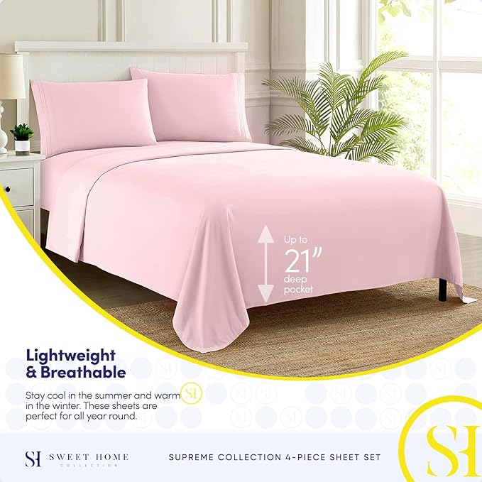 King Size Sheets - Breathable Luxury Bed Sheets with Full Elastic & Secure Corner Straps Built In - 1800 Supreme Collection Soft Deep Pocket Bedding, Sheet Set, EXTRA DEEP pocket - King, Pale Pink