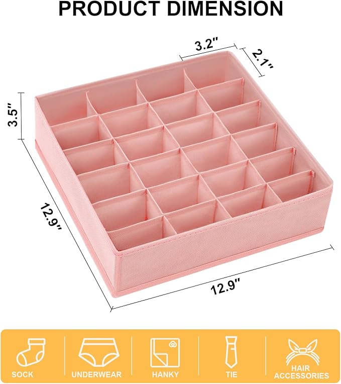 Sock Organizer 4 Pack - 24 Cell Foldable Underwear & Sock Storage, Drawer Organizer for Ties, Belts. (Pink) - Image 2