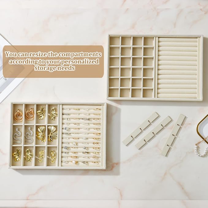 Large Velvet Jewelry Tray 2 Pack Stackable Jewelry Display Drawer Inserts Trays Organizer for Earring Bracelet Necklace Ring (Beige, Ring and 24 Grids) - Image 3