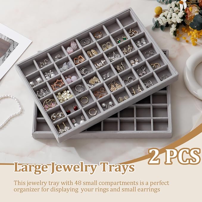 Large Velvet Jewelry Tray 2 Pack Stackable Jewelry Display Drawer Inserts Trays Organizer for Earring Bracelet Necklace Ring (Gray, 48 Grids) - Image 2