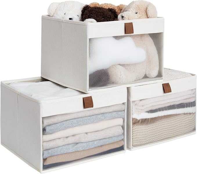 StorageWorks Closet Storage Bins, Large Storage Baskets with Clear Window and Handles, Foldable Fabric Organizer for Clothes, Shelves, Beige, 3 Pack by StorageWorks