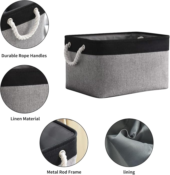 TheWarmHome Collapsible Storage Bin for Shelves - 16x12x8 inch Large 3 Pack Storage Basket for Organizing with Rope, Fabric Storage Cubes for Organizer Toy Cloth Gift Closet (Black & Grey) - Image 6