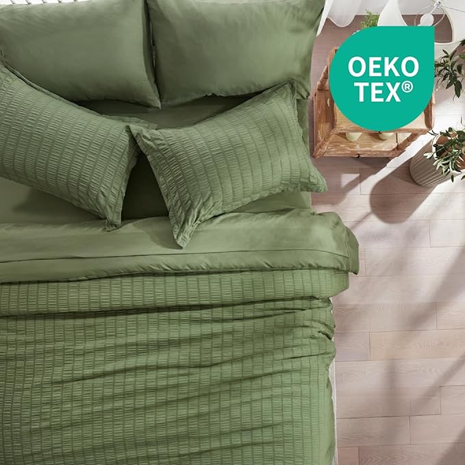 Zzlpp Full Comforter Set 7 Pieces, Olive Green Seersucker Bed in a Bag with Comforter and Sheets, All Season Bedding Sets with 1 Comforter, 2 Pillow Shams, 2 Pillowcases, 1 Flat Sheet, 1 Fitted Sheet