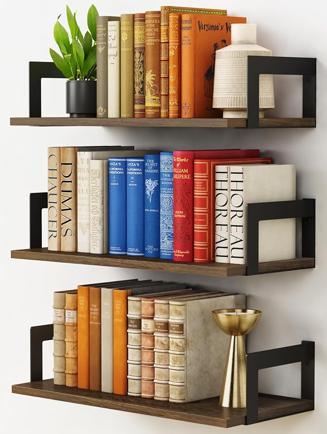 Harwaya Floating Book Shelves for Wall Set of 3, 17 x 8 Inch Deep Wooden Wall Bookshelf for Bedroom Office, Rustic Wood Hanging Wall Shelves for Living Room Kitchen (Dark Brown) by Harwaya