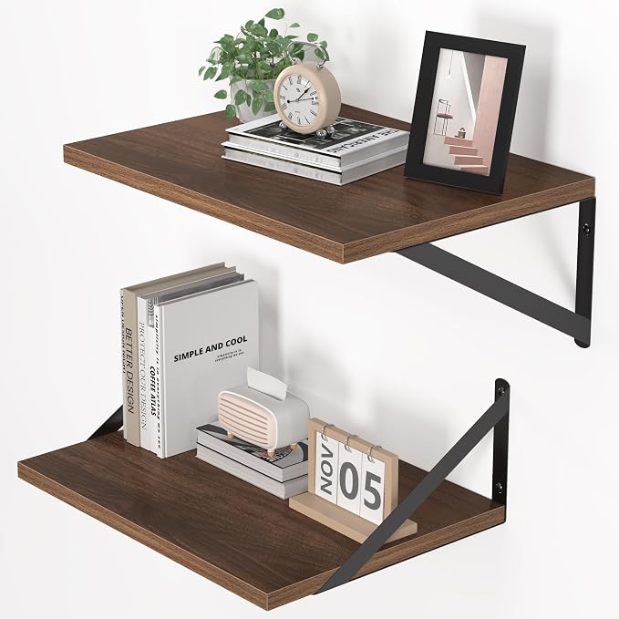 Heimlove 12 Inch Deep Floating Shelves for Wall, 16W x 12D Wood Wall Shelves Set of 2, Walnut Wide Floating Bookshelf for Living Room, Kitchen, Office, Bedroom, with Black Metal Bracke - Walnut by Heimlove