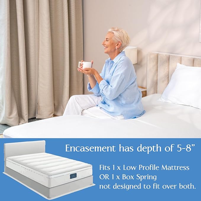 Queen Size Mattress or Box Spring Encasement (5" to 8" Depth) – Low Profile Waterproof Zippered Protector Bed Cover, Noiseless, Machine Washable