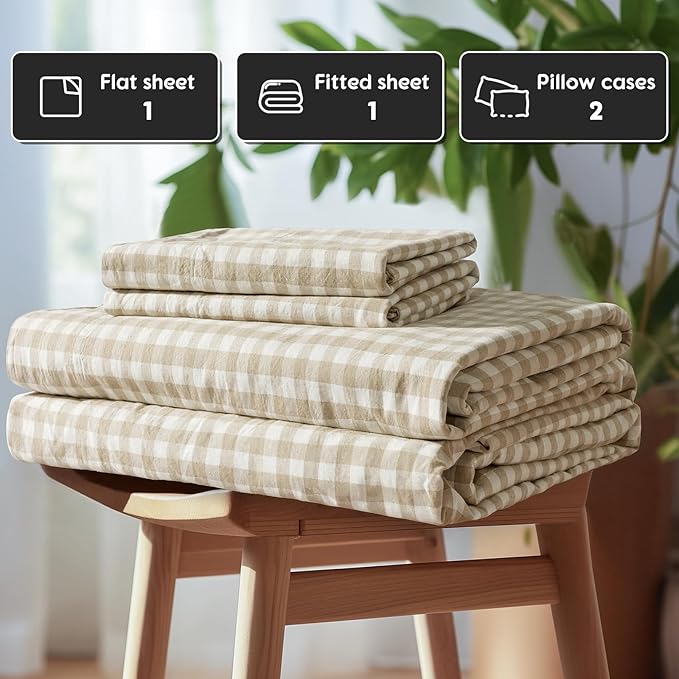 SONORO KATE 100% French Pure Linen Sheets, Breathable and Durable Linen King Size Sheets, Anti-Tear Bed Sheets, Machine Washable, 16 Inch Deep Pocket - 4 Piece (Linen & White Plaid)