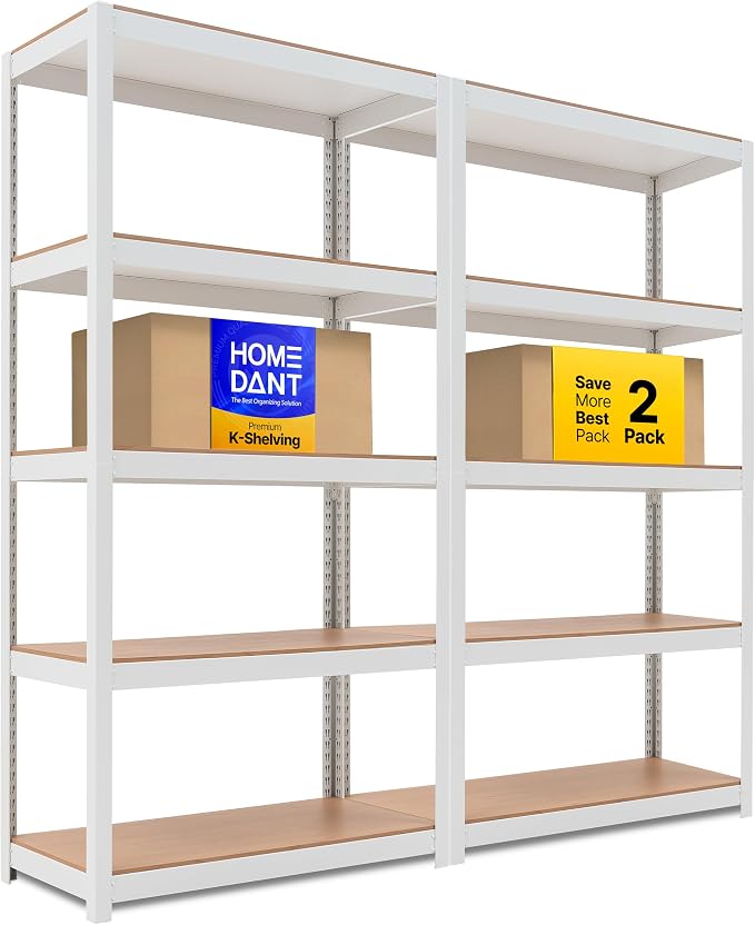 HOMEDANT House 36.2" W 5 Tier Heavy Duty Garage Shelving Adjustable Metal Rack Storage Shelves Standing Shelf Unit Organizers Pantry Closet Office White 2Pack by TheBestOrganizingSolution