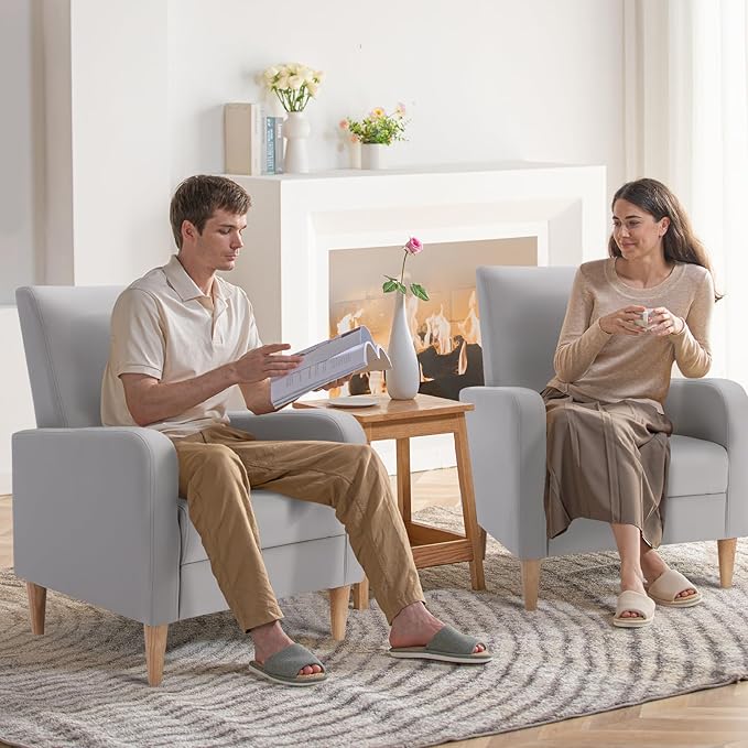 COLAMY Faux Leather Accent Living Room Chairs Set of 2, Upholstered Arm Chair Reading Side Chair, Single Sofa with Back Pillow and Wood Legs, Light Grey