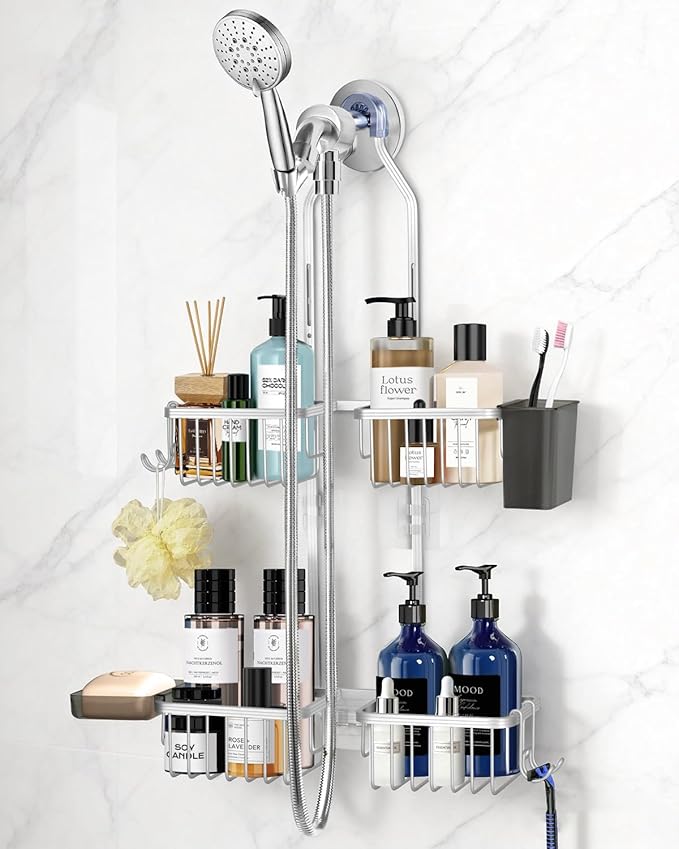 Adjustable Shower Caddy Hanging for Handheld Showerheads - Upgraded Never Rust Shower Hanging Organizer, Bathroom Shower Rack with Soap Basket, Hooks and Toothbrush Holder (Shiny Silver) by MSAICOE