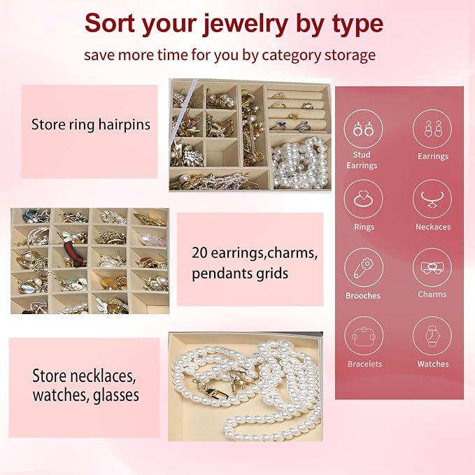BOOVO Clear Lid Jewelry Box,3 Layers Jewelry Organizer Large Multi-Functional Jewelry Storage Box with 2 Drawers,Jewelry Display Case of Rings Earrings Necklace Bracelets for Women Girls (Grey) - Image 4