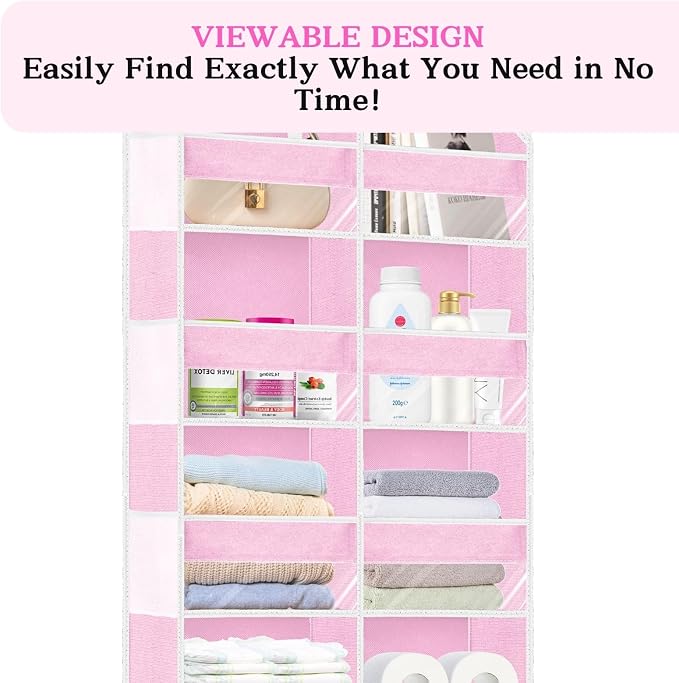 Over The Door Organizer 6 Tiers, Extra Large Behind Door Storage of 12 Compartments, 80 lbs Weight Capacity Hanging Storage Organizer with Clear Window Kids Toys,Shoes,Diapers,Room Storage,Pink - Image 4
