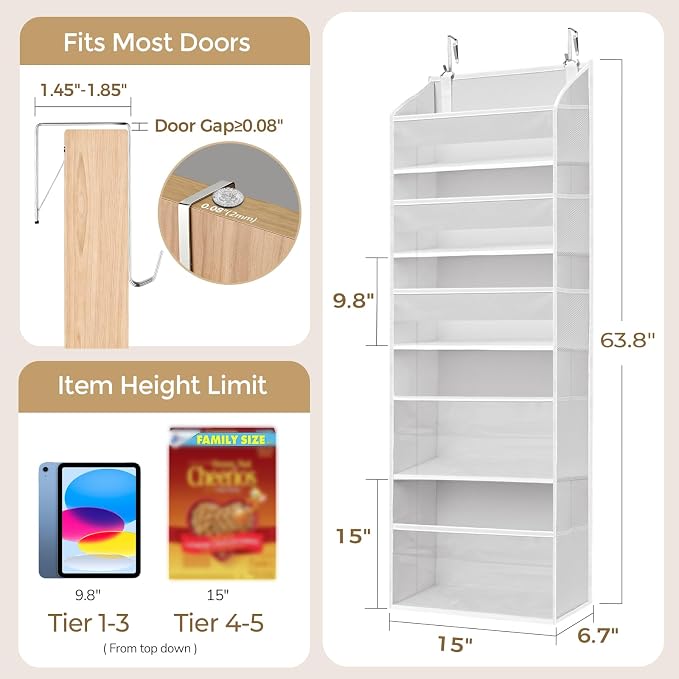 5 Tiers Over Door Organizer with 10 Mesh Side Pockets, 44 lbs Weight Capacity Hanging Storage Organizer with Clear Window Kids Toys, Shoes, Diapers, Light Gray - Image 8