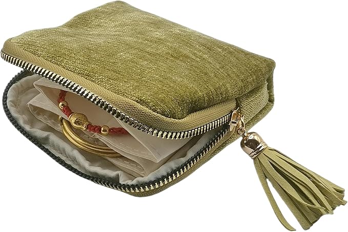 Small Travel Jewelry Case - Jewelry Travel Organizer Bag with Tassel Zipper for Bracelets, Necklaces, Bangles, Jewelry Organizer Storage Bag Gift for Women Girls - LJB001-Olive Green - Image 3