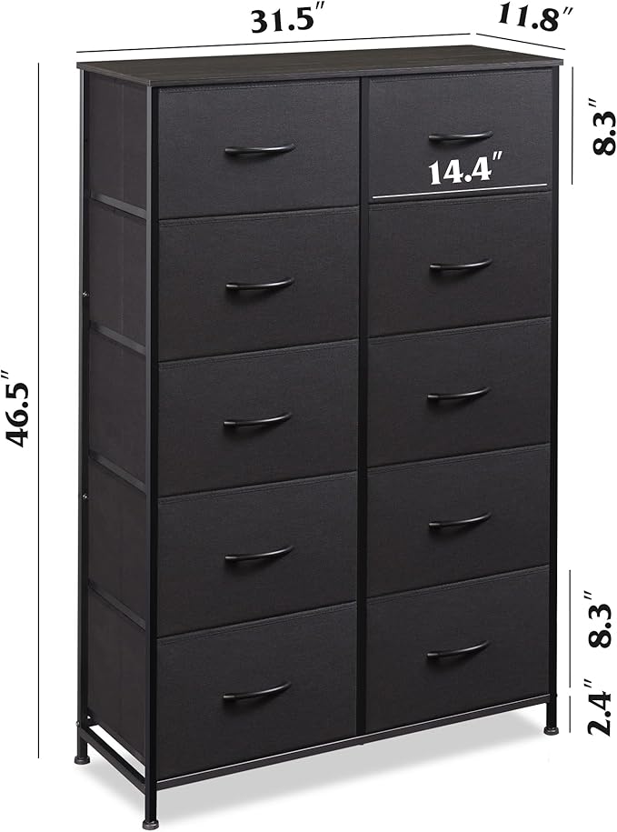 WLIVE Fabric Dressers for Bedroom with 10 Drawers, Chest of Drawers, Dresser for Closet, Living Room, Hallway, Entryway, Black