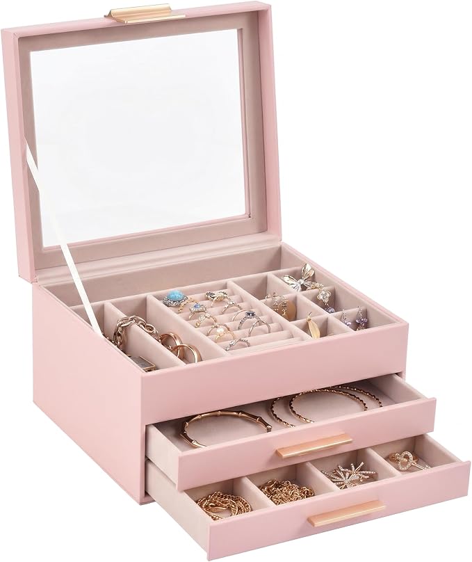 Somduy Jewelry Box Organizer for Women,3 Layers Jewelry Storage Display Box with Glass Lid,Gift for Christmas,3 Drawers,Large Capacity for Necklace Earrings Bracelets Rings,Pink - Image 8