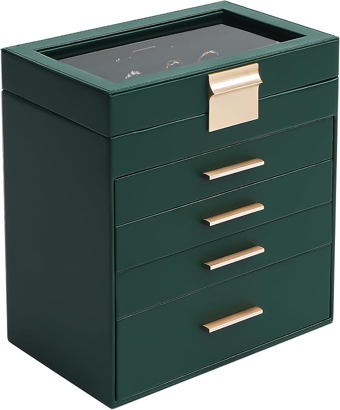Somduy Jewelry Box, 5 Layers Jewelry Storage Display Box with Glass Lid for Women, 4 Drawers,Large Capacity for Necklace Earrings Bracelets Rings, Green by Somduy