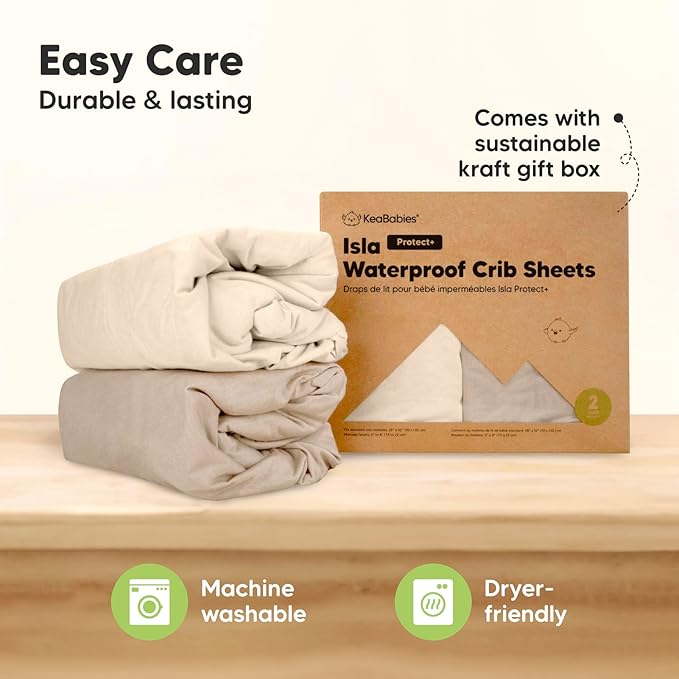 KeaBabies 2-Pack Waterproof Baby Crib Sheets for Boys, Girls - 52x28 Viscose Derived from Bamboo Toddler Bed Sheet Neutral, Fitted Crib Mattress Protector Cover for Baby Bedding, Soft & Gentle(Ecru)