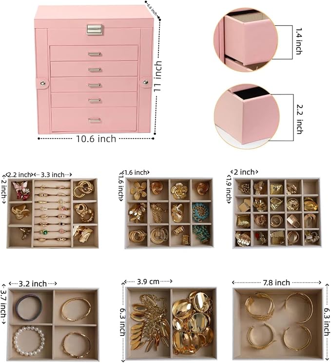 BOOVO Jewelry Box For women, 6 Layer Large Jewelry Organizer With Mirror, Multi-Function Storage Box With Lock, Necklace Holder With 5 Drawers, For Earrings Necklace Bracelet (Silver and Pink) - Image 4