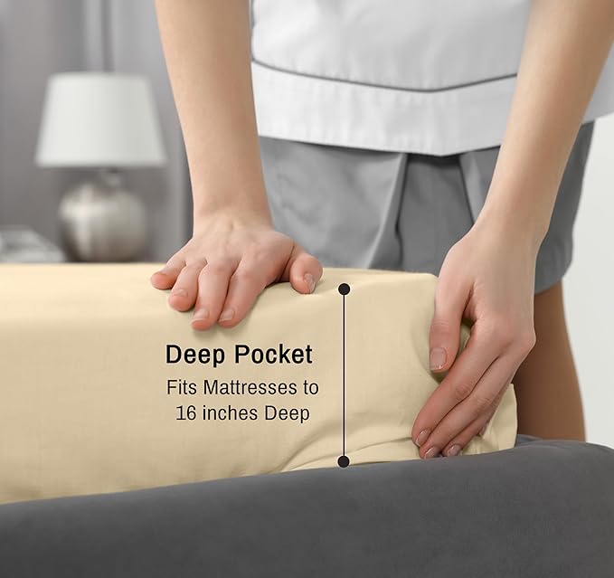 RUVANTI 100% Cotton Sheets – Queen Size Percale Bedding, Cooling & Breathable, Durable with a Crisp, Soft & Comfortable Feel, 16" Deep Pocket, 4-Piece Set, Beige