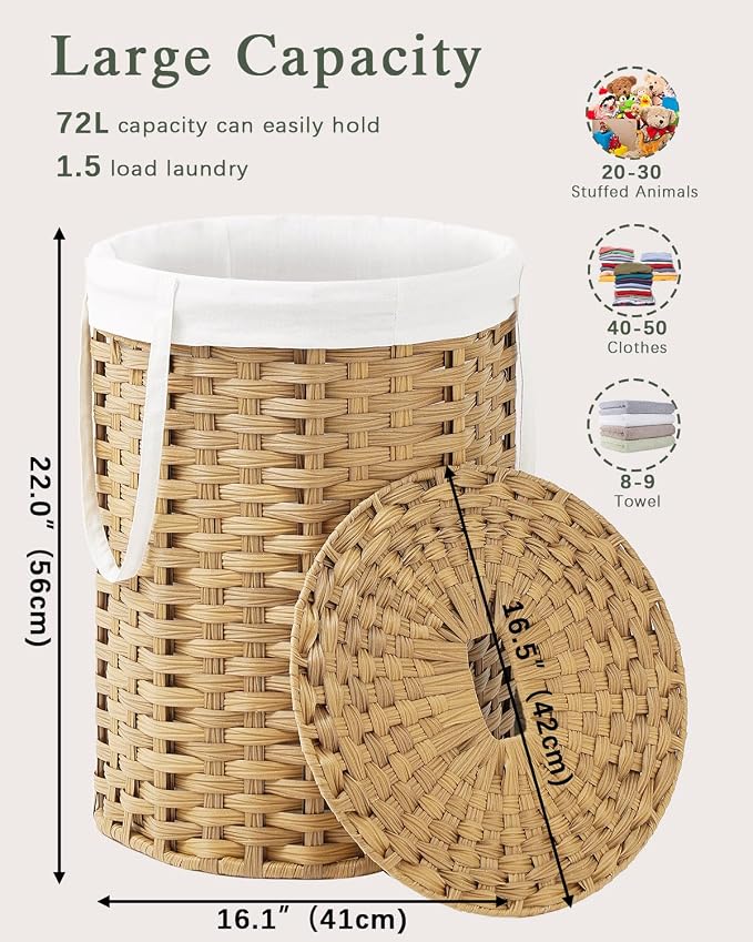 SETVSON Laundry Hamper with Lid Laundry Basket with Lid 19.0 Gal (72 L) Round Wicker Laundry Basket Handwoven Rattan Hamper Removable Bag 2 Mesh Bags Handles for Living Room Bathroom Natural - Image 4