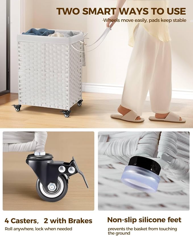 Greenstell Laundry Hamper with Wheels, No Install Needed, 90L Divided Handwoven Hampers & 2 Removable Liner Bags, Rattan Clothes Laundry Basket with Lid & Handles, Foldable Hampers White - Image 3