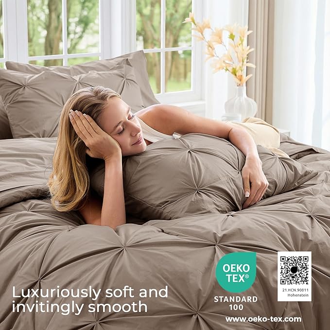 Sasttie Full Size Comforter Set, 7-Piece Bed in a Bag, Pintuck Bedding Set for All Season, Includes Comforter, Flat Sheet, Fitted Sheet, Pillowcases and Pillowshams, Dark Linen