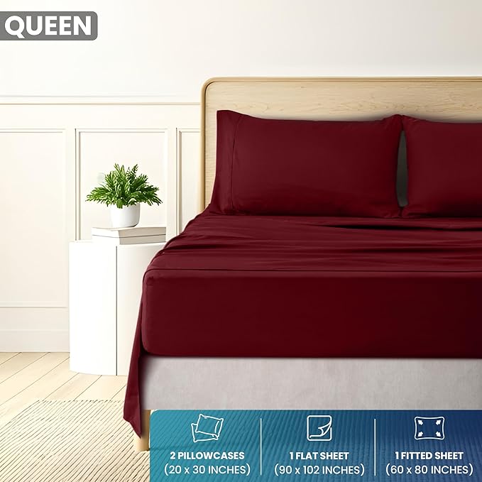 Utopia Bedding Queen Size 4 Piece Sheet Set - Brushed Microfiber - Soft Bed Sheets for Queen Size Bed Set - Includes 1 Fitted, 1 Flat, & 2 Pillow Cases - Deep Pocket (Burgundy)