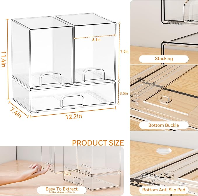 Yieach 3 Set Clear Baby Bottle Organizer for Countertop,BPA FREE Bottle Station Organizer for Breast Pump Parts,Pacifier and Baby Accessories,Stackable Drawers for Bathroom,Cabinet,Pantry Organization - Image 3