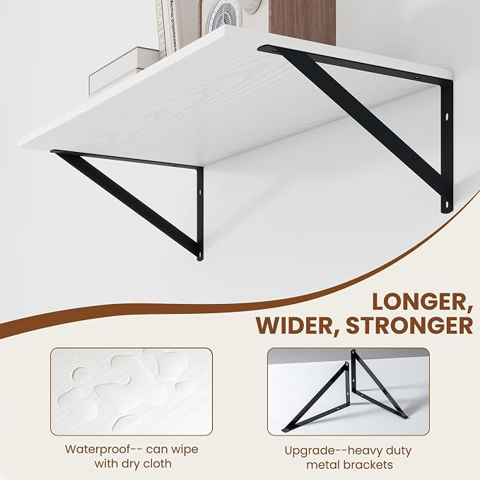 Heimlove White Deep Floating Shelves for Wall, 24W x 12D Wood Wall Shelves Set of 2, Wide Floating Bookshelf for Living Room, Kitchen, Office, Bedroom and Decor Storage, with Black Bracket - White - Image 4