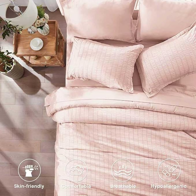 Zzlpp Full Comforter Set 7 Pieces, Pink Seersucker Bed in a Bag with Comforter and Sheets, All Season Bedding Sets with 1 Comforter, 2 Pillow Shams, 2 Pillowcases, 1 Flat Sheet, 1 Fitted Sheet