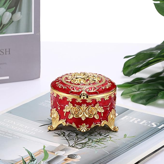 Hipiwe Vintage Metal Jewelry Box - Small Trinket Organizer Ring Box Case with Rose Pattern Jewelry Storage Box for Ring Earrings Necklace, Keepsake Box for Women,Red - Image 5