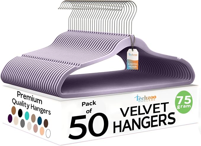 Techzoo Premium Velvet Hangers 50 Pack Ultra Thin Non Slip Adult Felt Space Saving Suit Hanger for Closet Heavy Duty Coat Pants Jackets Dress Hangers 360° Swivel Hook Hold Upto 10 lbs Purple Hangers by TECHZOO