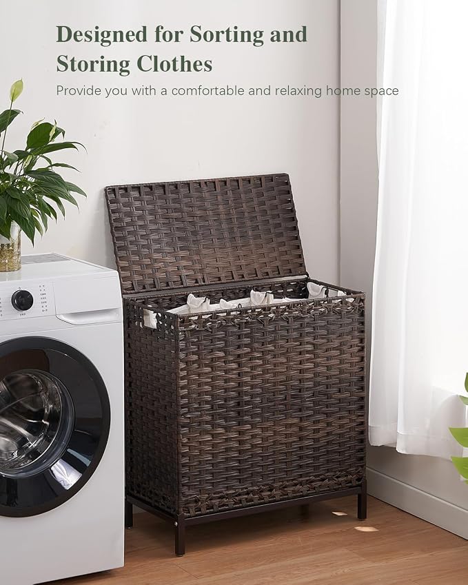 SETVSON Laundry Hamper with Lid 132 L, (35 Gallons) Clothes Hamper with Lid, Handwoven Rattan Laundry Hamper with Metal Heightened Feet, Laundry Hampers with 3 Removable Liner Bags for Laundry-Brown - Image 6