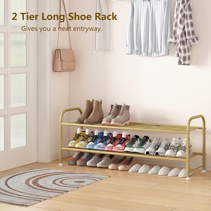 LINZINAR Shoe Rack Long 2 Tier Shoe Storage Organizer Metal Wide Shoe Shelf for Closet Entryway Bedroom 18 Paris Large Capacity, Gold - Image 4