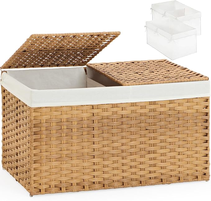 SETVSON Storage Basket with Lid Rattan Woven Storage Baskets with 2 Separate Lids, 17.2 Gallon (65 L), 22 x 13 x 13.8 Inches,Foldable, 2 Removable Liner Bags Handles for Bedroom, Laundry Room Natural by SETVSON