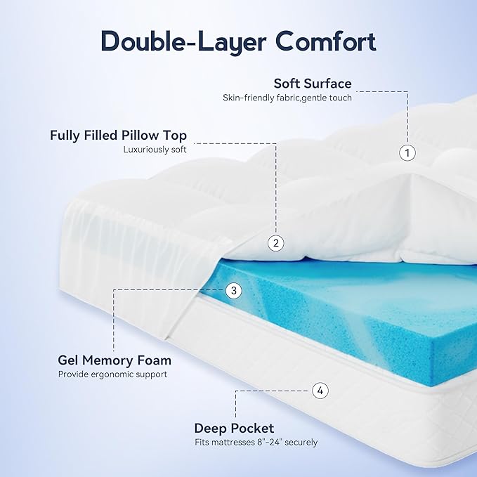 Dual Layer 4 Inch Memory Foam Mattress Topper Twin XL for College Dorm, 2 Inch Cooling Gel Memory Foam and 2 Inch Down Alternative Pillow Top Mattress Pad Cover 8-24 Inch Deep Pocket