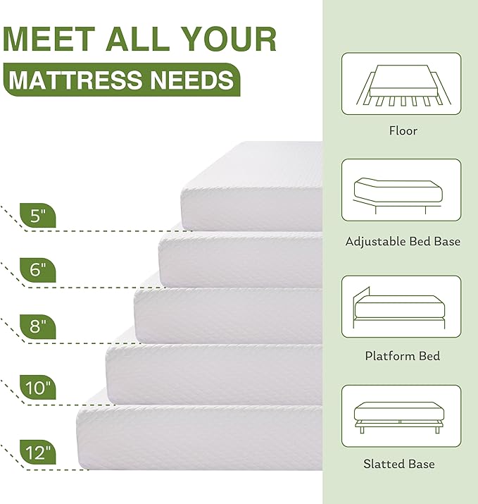 EGOHOME 10 Inch Short Queen Mattress, Memory Foam Mattress in a Box with Cooling Green Tea Gel, Relieve Pressure with Medium Firm Support, CertiPUR-US Certified, 60''L x 75''W, White