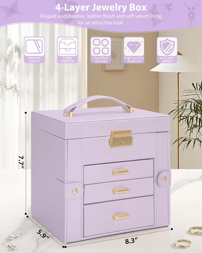 AKOZLIN 4-Tier Jewelry Box Leather Jewelry Storage Organizer with 3 Drawers Lockable for Women Girls Ring Necklace Earring Bracelet Holder with Mirror Purple - Image 2