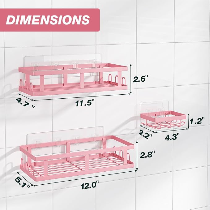 Youvip Shower Caddy Adhesive,No Drill Bathroom Organizer,Large Capacity Rustproof Shelves for Inside Shower,Bathroom Organizers and Storage,Pink - Image 2
