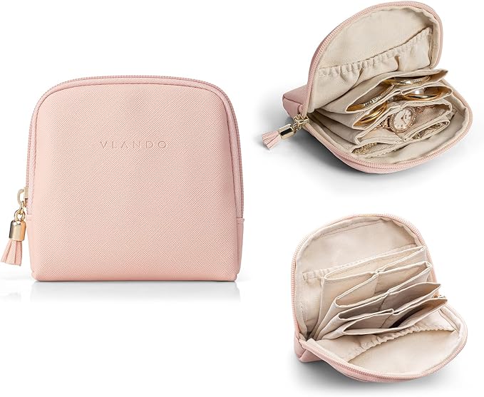 VLANDO Mini Jewelry Travel Case,Jewelry Pouch Bags with Zipper, Velvet Jewelry Organizer Storage Bag for Bracelet Rings Earring Travel Essentials Gifts for Women Girl - Pink by VLANDO
