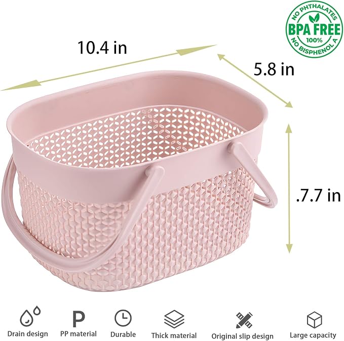 rejomiik 2 Pack Plastic Shower Caddy Basket, Portable Organizer Storage Tote with Handles Toiletry Bag Bin Box for Bathroom, College Dorm Room Essentials, Kitchen, Camp, Gym, Pink - Image 3