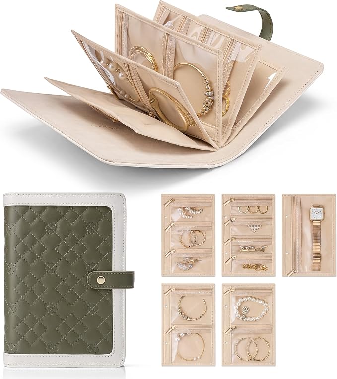 VLANDO Travel Jewelry Organizer Case,Mom Gifts from Daughter,Jewelry Storage Book Ring Binder with Clear Zipper Velvet Jewelry Pouch Bag,Travel Essentials for Rings,Necklace,Earrings-Olive Green by VLANDO