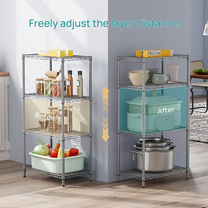 SINGAYE 4 Shelves Adjustable Storage Shelf Wire Shelving Rack Bathroom Standing Units Laundry Room Organization for Kitchen Office Bathroom Organizers Metal Pantry 14" D x 24" W x 48" H Gray - Image 3
