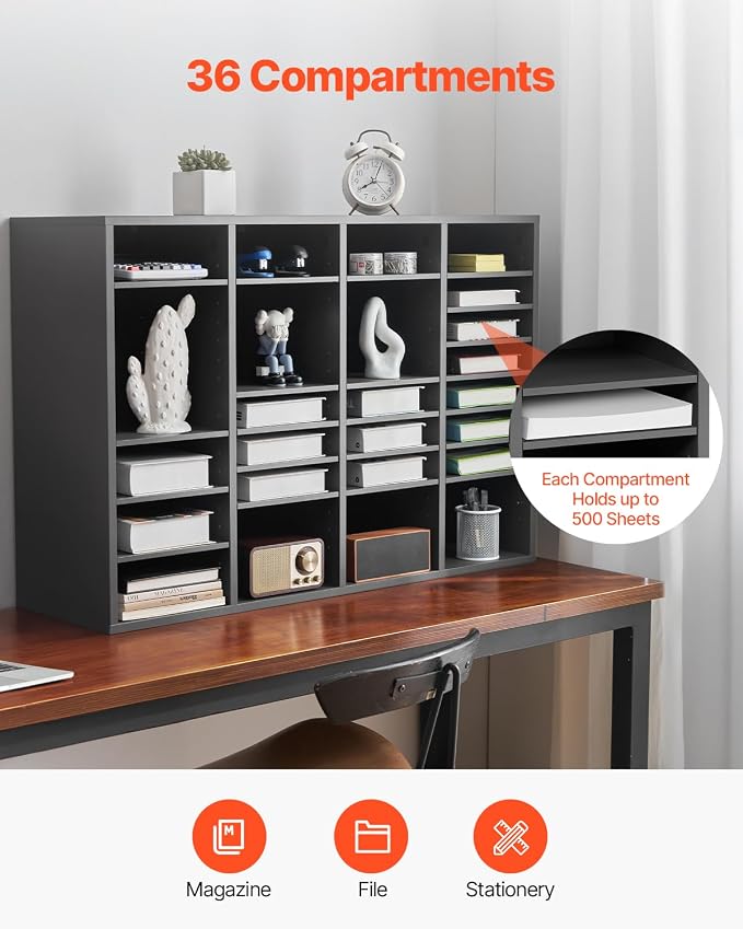 VEVOR Literature Organizer, 36 Compartments Office Mailbox with Adjustable Shelves, Wooden Mailbox Sorter Medium Density Fiberboard Office Home Classroom Storage for Files, Documents, Papers, Grey - Image 6