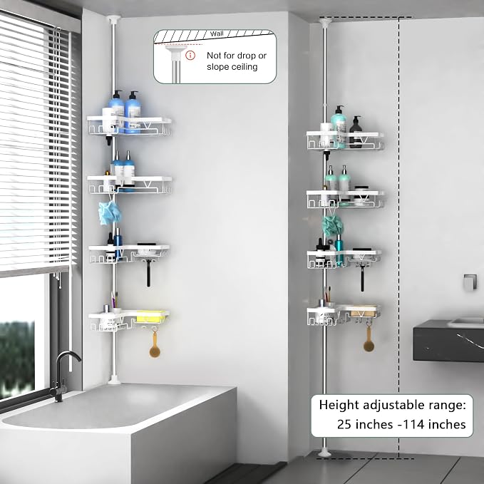 DAOYA Shower Caddy Tension Pole Corner - Stainless Steel Bathroom Organizer White Tension Rod Shower Shelves for Tub(22-114.2inch), Renter Friendly - Image 2