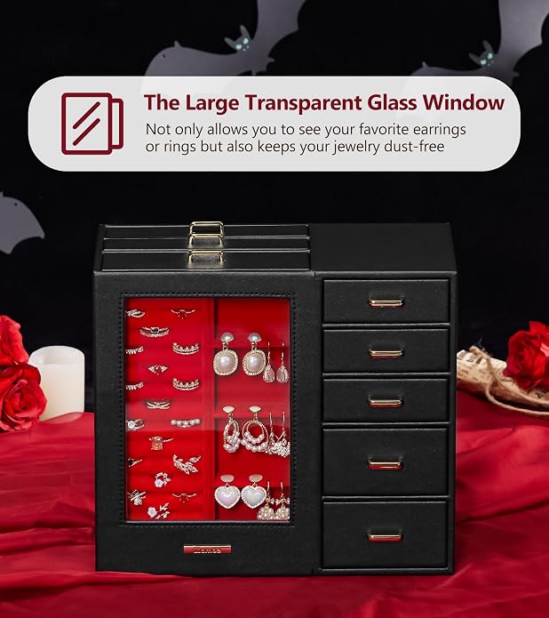 Homde Large Jewelry Box/Organizer/Case with Glass Window, Drawers for Necklaces Earrings Rings Bracelets Watches Gift for Women Girls - Image 2